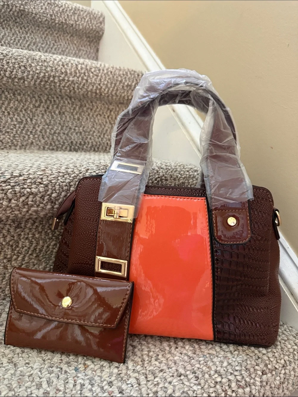 Women's Brown & Orange Structured Tote with Matching Wallet